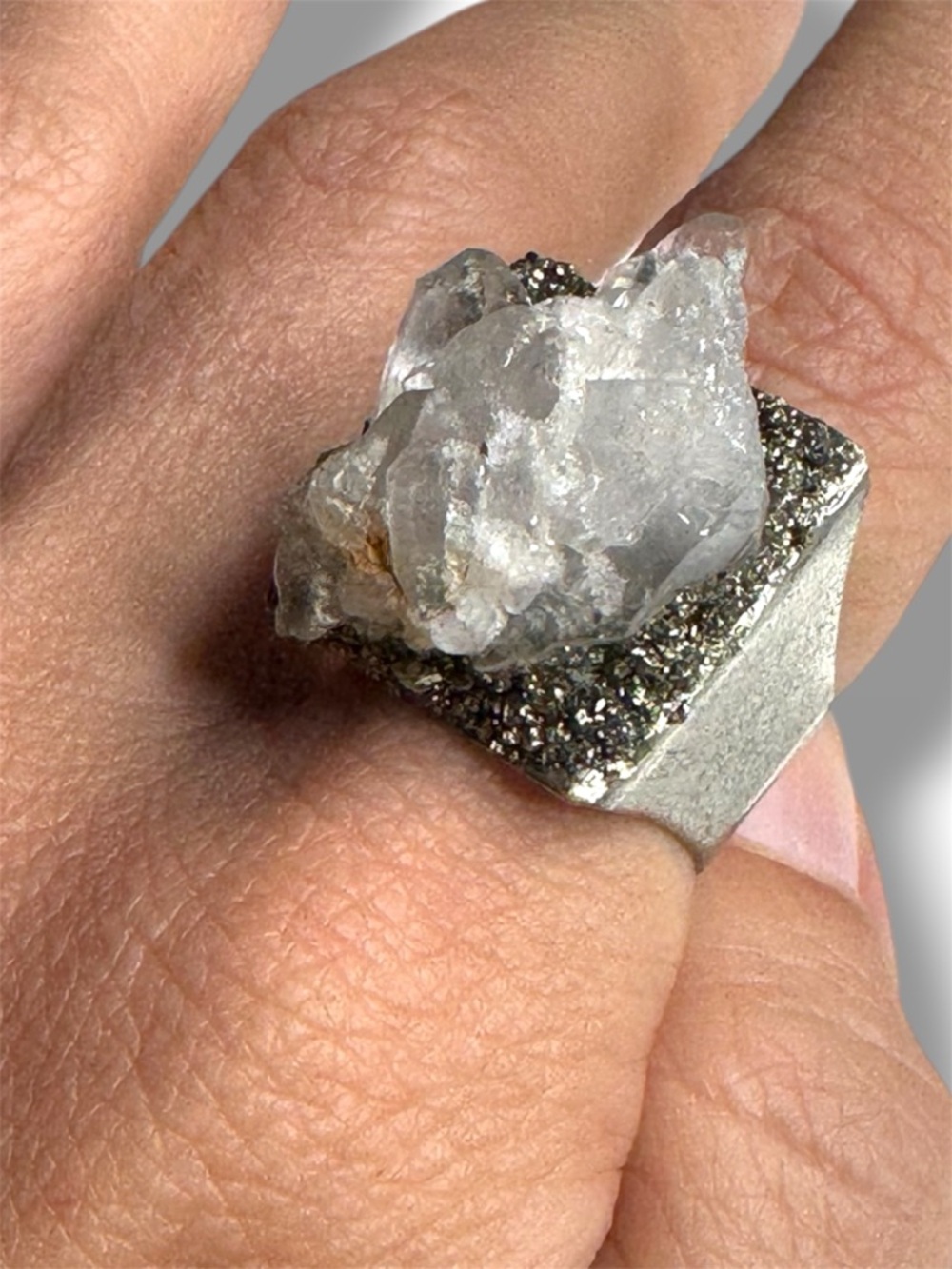 Vintage Natural Clear Quartz Raw + Pyrite cluster ajustable ring